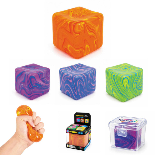 A collection of colourful, swirled stress relief cubes in orange, purple, and green, with a hand squeezing one.