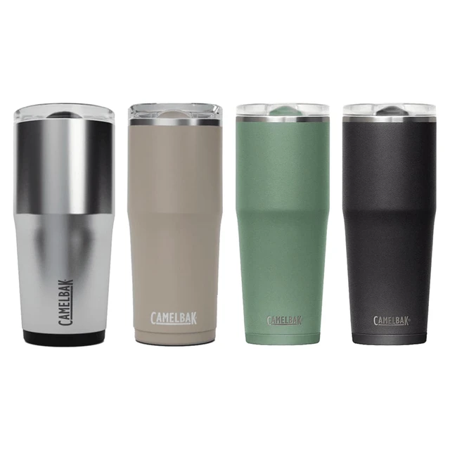A drink bottle set featuring four tumblers in silver, beige, green, and black, each with a logo.