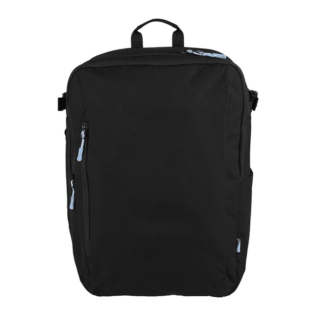A black travel backpack with multiple zippered pockets and a top handle. It features blue zipper accents and has a logo.