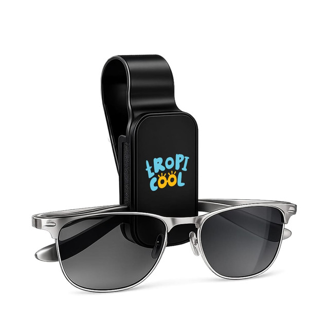 A black visor glasses holder with a clip and silver sunglasses featured in front. Includes a logo design.
