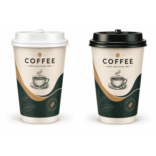 Two double-walled paper cups, one with a white lid and the other with a black lid, featuring a coffee design.
