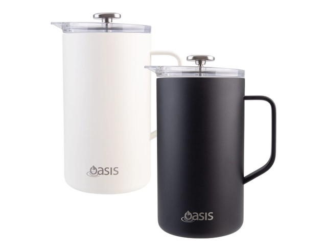 Two insulated coffee presses, one in white and one in black, both featuring a handle and a lid, with a logo.