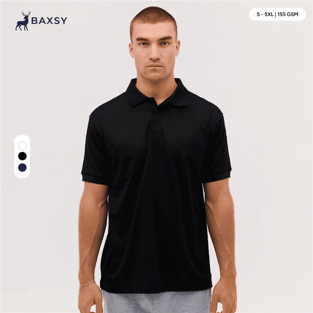 A black polo shirt with a collar, featuring a logo and available in multiple sizes.
