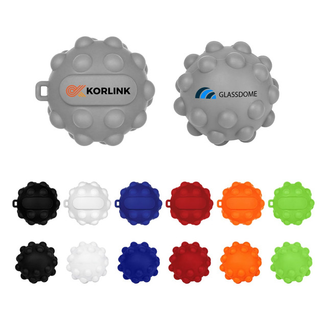 A promotional Popper Ball in various colours, featuring logos on two sides, with a textured surface.