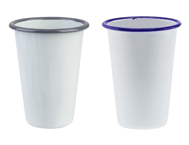 A drink tumbler featuring a white enamel finish with a black and blue rim. Two tumblers displayed side by side.