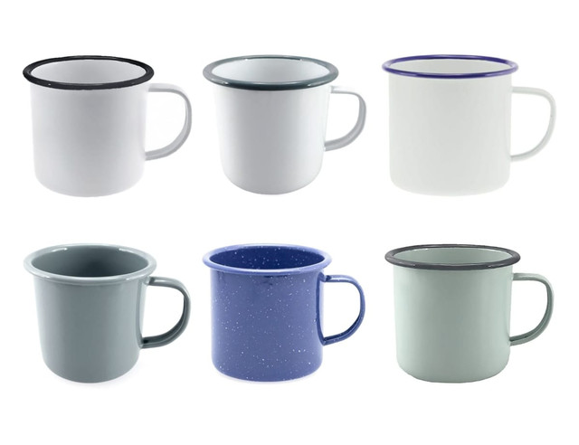 A set of six enamel mugs in various colours, including white, grey, blue, and green, each with contrasting rims.
