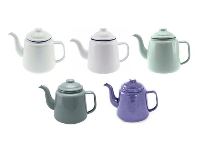 A collection of five teapots in various colours: white, pale green, grey, and purple, with one featuring a logo.