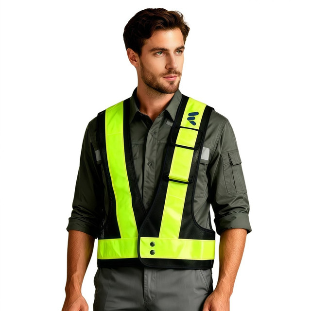 A reflective adjustable safety vest in bright yellow with black accents and a pocket, featuring a logo.