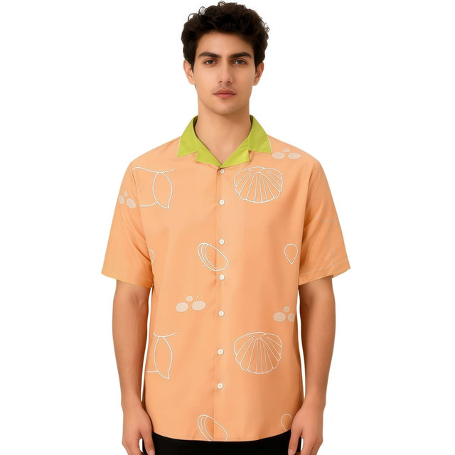 A men's short-sleeve Cuban collar shirt in orange with green collar and white fruit patterns. It features a logo.