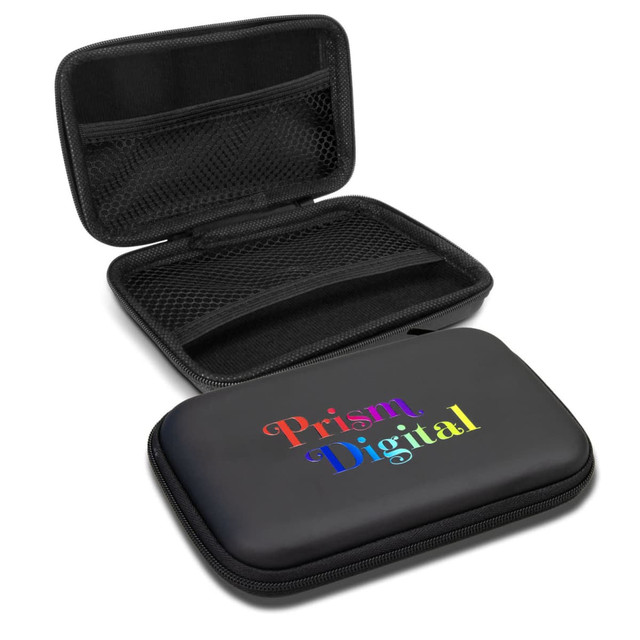 A black carry case with a rainbow holographic print inside, featuring mesh pockets and a zip closure.