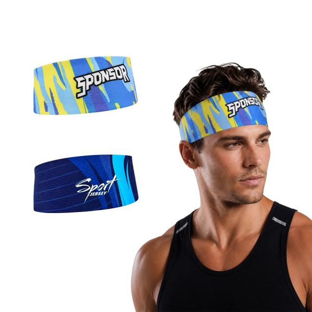 A blue and yellow seamless breathable ice silk mesh headband featuring two designs, modelled by a man in a tank top.