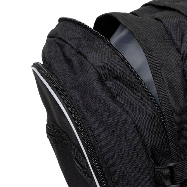 A black backpack featuring dual zippered compartments and a sleek design. It has an additional branded logo.