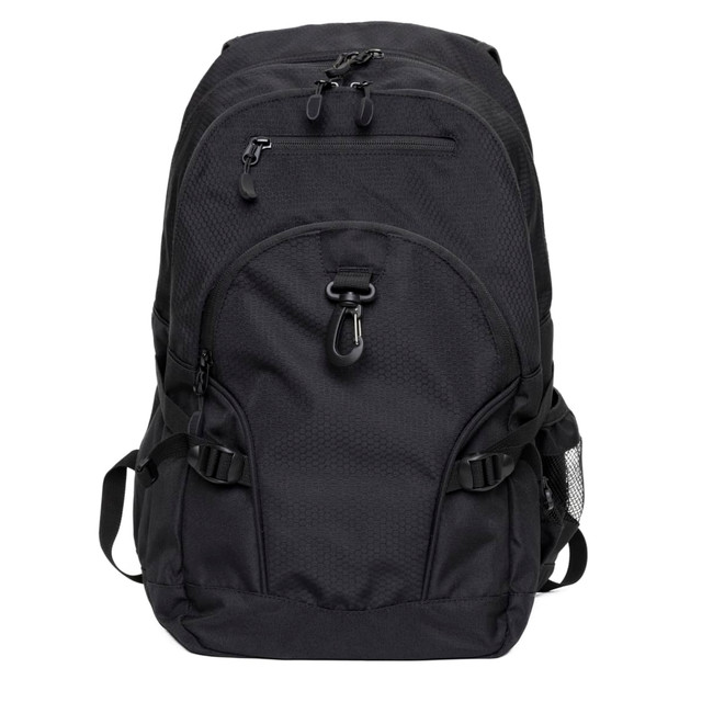 A black backpack with multiple zippered compartments and adjustable straps, featuring a logo on the front.