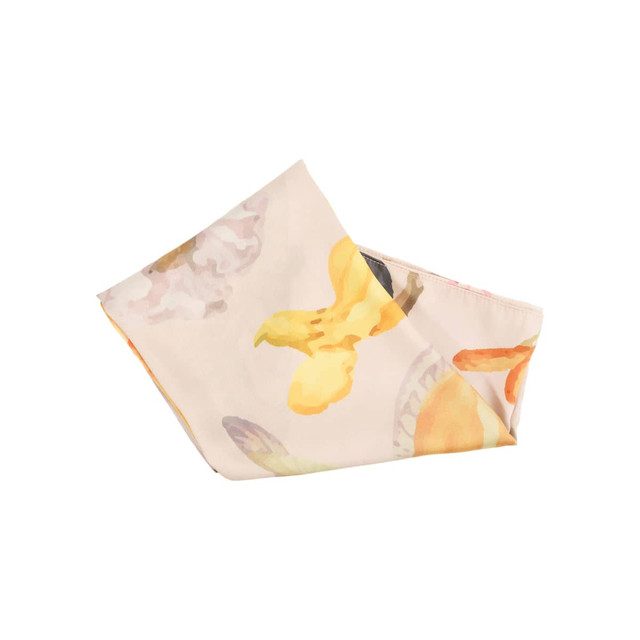 A twill weave square scarf featuring a floral design in soft pastel colours. It has a subtle logo in the corner.