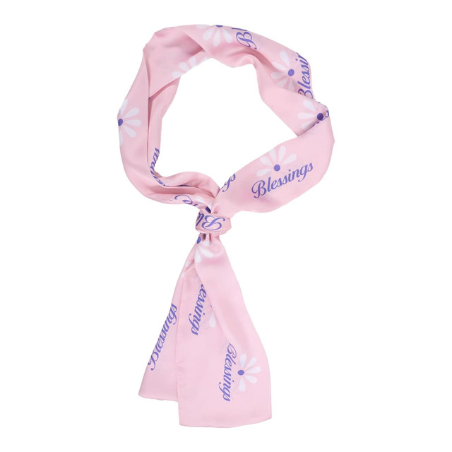 A pink chiffon long scarf featuring text and designs, with a logo present.
