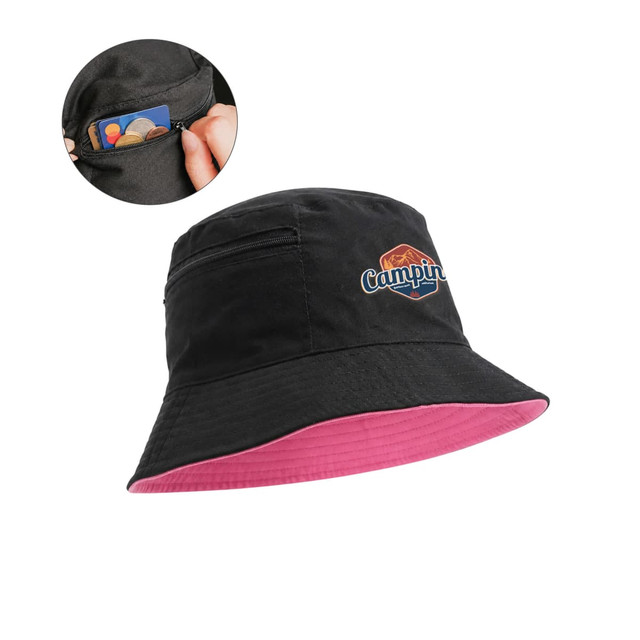 A black bucket hat with a pink brim and a card pocket featuring a logo.