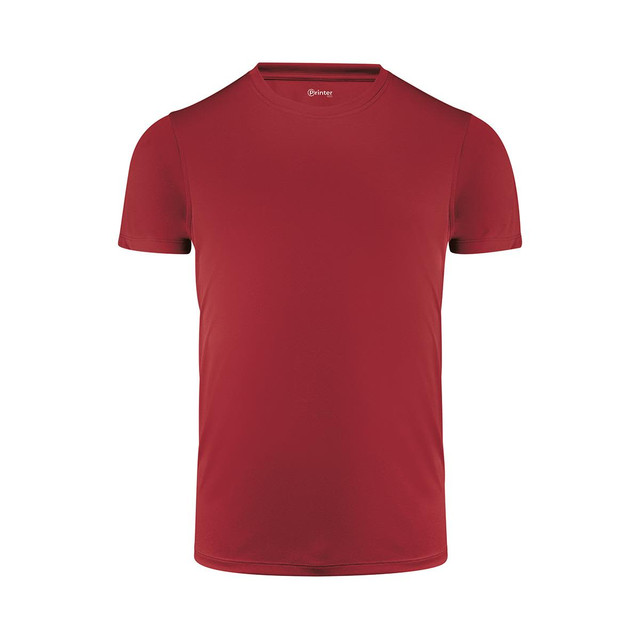 A red men's active tee with a crew neckline and short sleeves, featuring a logo on the neckline.