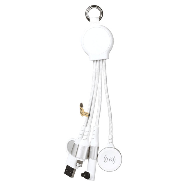 A 6-in-1 multi charging cable in white and silver, featuring multiple connectors and a keyring attachment.