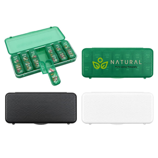 A 7-day pills organiser featuring green, black, and white colours, with a logo on the green case.