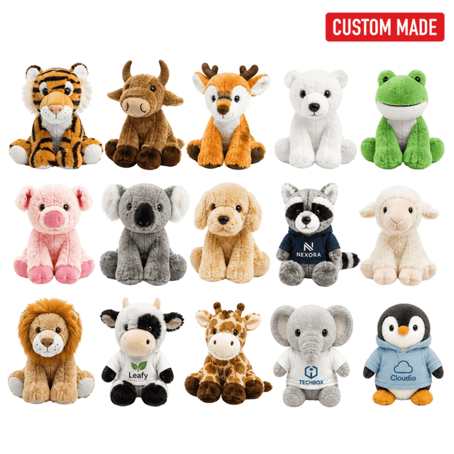A collection of custom animal plush toys in various colours, including a tiger, bear, pig, koala, and penguin.