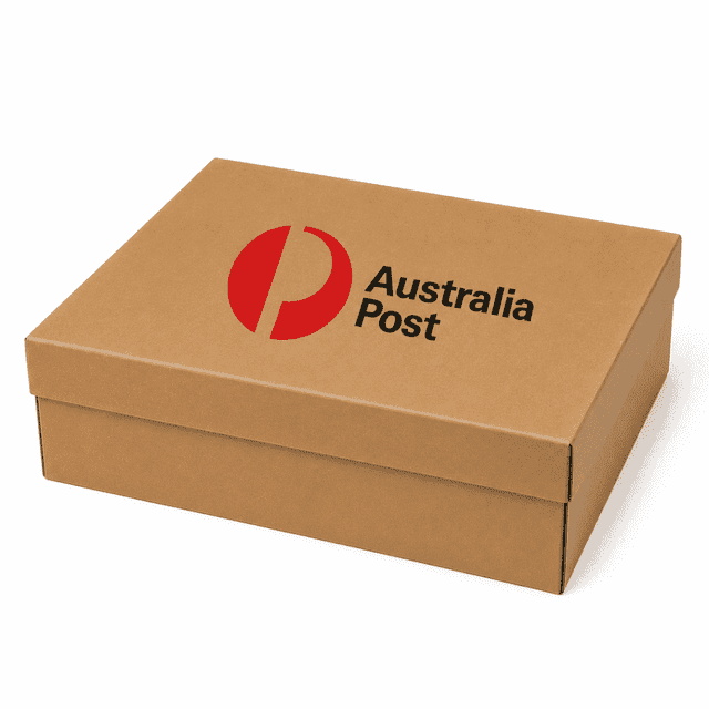 A large natural cardboard gift box with a lid and a logo on the front.
