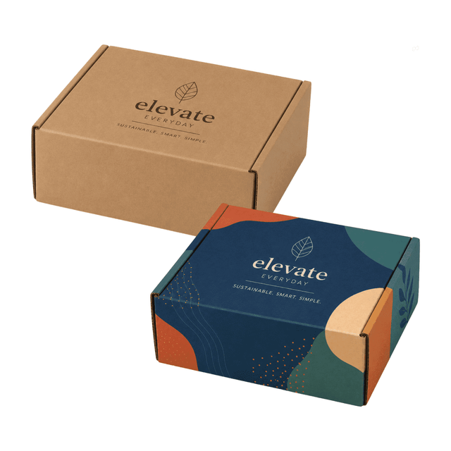 Two cardboard die-cut packaging boxes in brown and navy blue, featuring abstract designs and a logo.