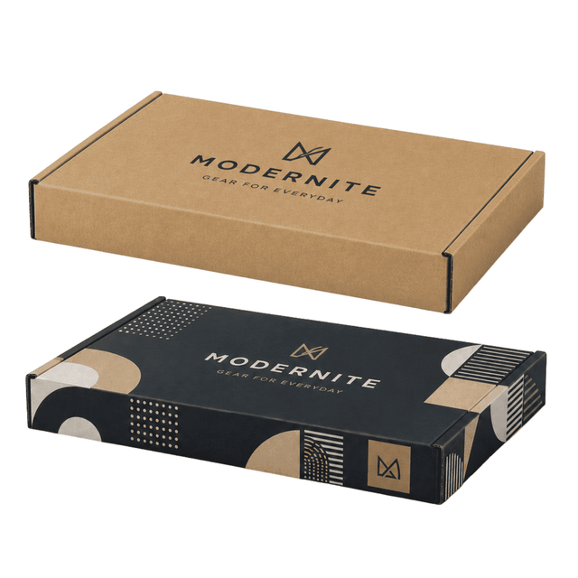 A die-cut packaging box in brown and black, featuring a logo, with dimensions 23×16.5×2.2 cm.