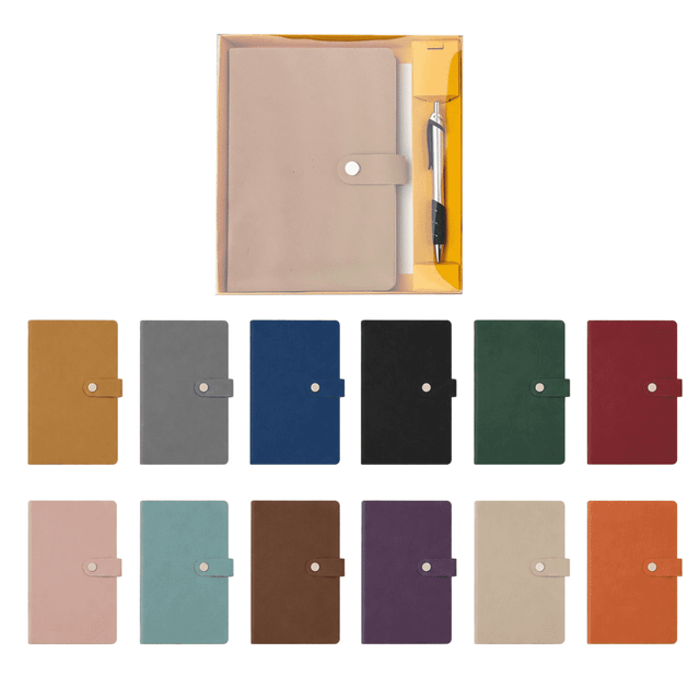 A gift set featuring a hardcover notebook in various colours and a pen, presented in a box with a yellow interior.