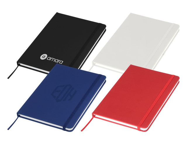 An A5 notebook in black, white, red, and navy, featuring a logo on the cover. Includes a ribbon bookmark.