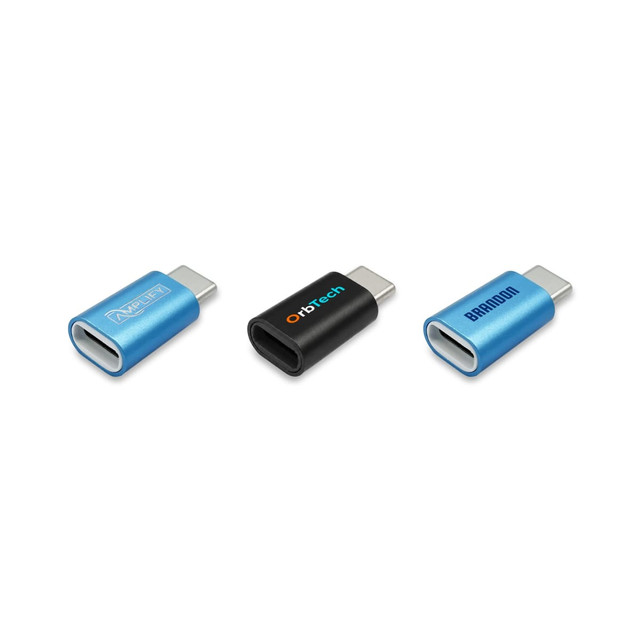 Three USB data blockers in varying colours: two blue and one black, featuring different logos.