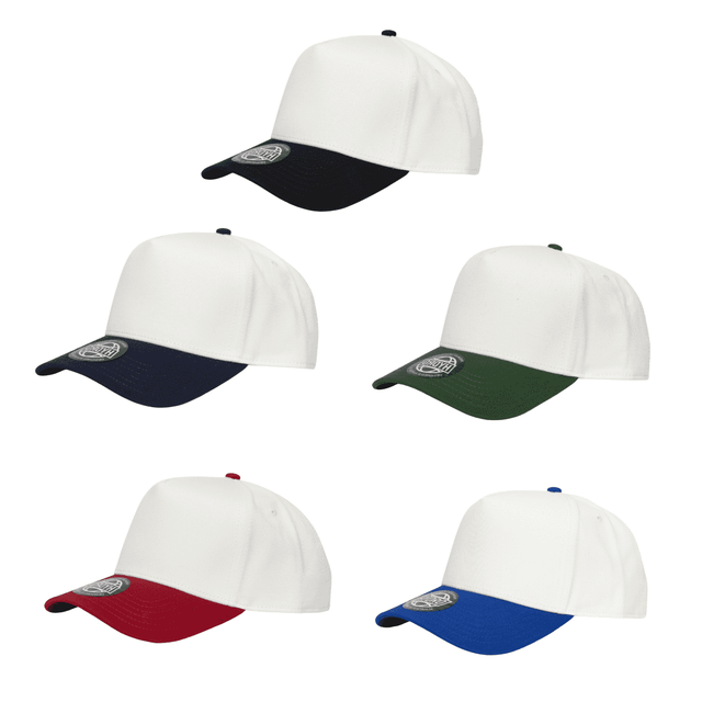A collection of five two-tone caps in navy, green, red, blue, and black, each featuring a logo.