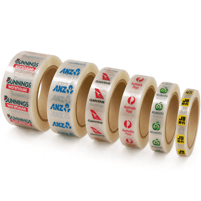 A series of transparent packaging tape rolls in various widths, featuring different logos and branding on a white background.