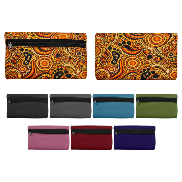 Small neoprene pencil pouches in various colours, featuring a patterned design and a zip closure.
