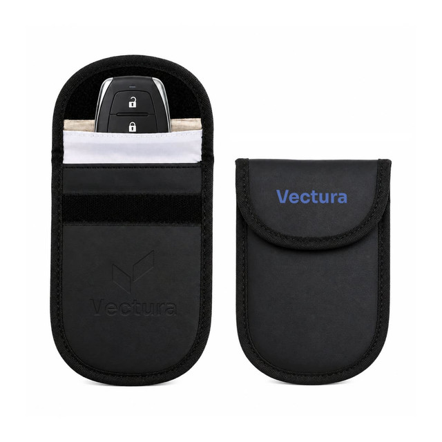 A black PU Faraday signal blocking pouch with a logo, designed to hold a car key.