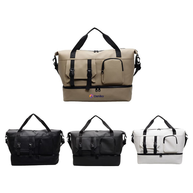 A travel weekender bag in beige, black, and white, featuring adjustable straps and a front pocket. It has a logo.