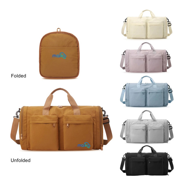 Foldable travel duffle bags in various colours: tan, blush, grey, blue, and black. Each bag has a logo and multiple pockets.