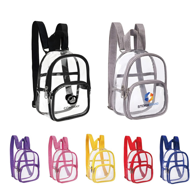 Clear mini backpacks in various colours including purple, pink, and red. Each features a logo and adjustable straps.