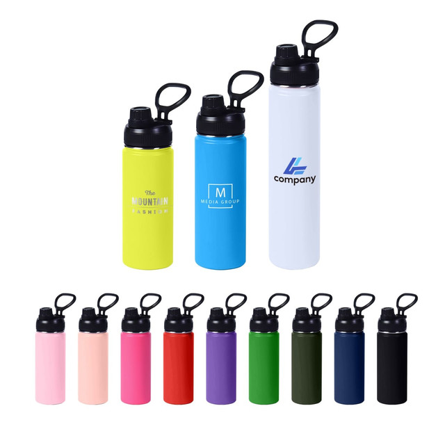 A drink bottle collection featuring stainless steel vacuum bottles in various colours, with black carry handles and logos.