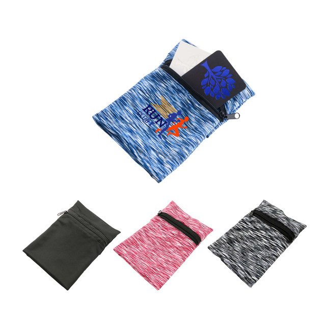 A blue mini wearable wallet with a logo, containing a card and paper, alongside grey, pink, and black variants.