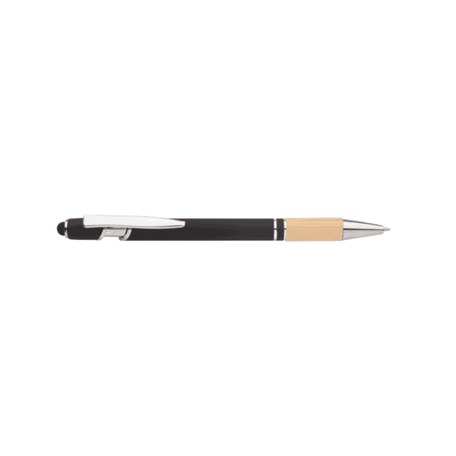 A black aluminium pen with a bamboo grip and silver accents, featuring a branding logo.