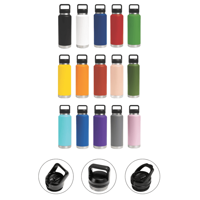 A drink bottle collection featuring various colours including black, white, red, green, and orange, with multiple lid options.
