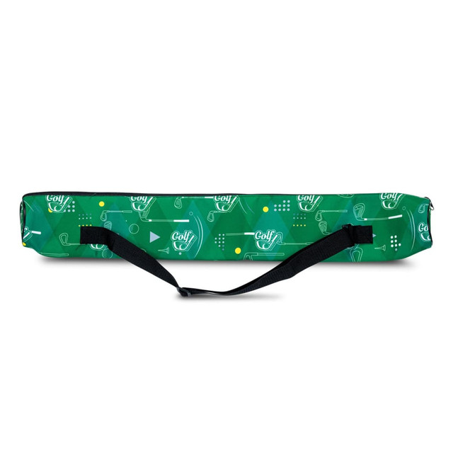 A green cooler sling bag featuring a repeating golf-themed pattern and a black strap. It has a logo present.