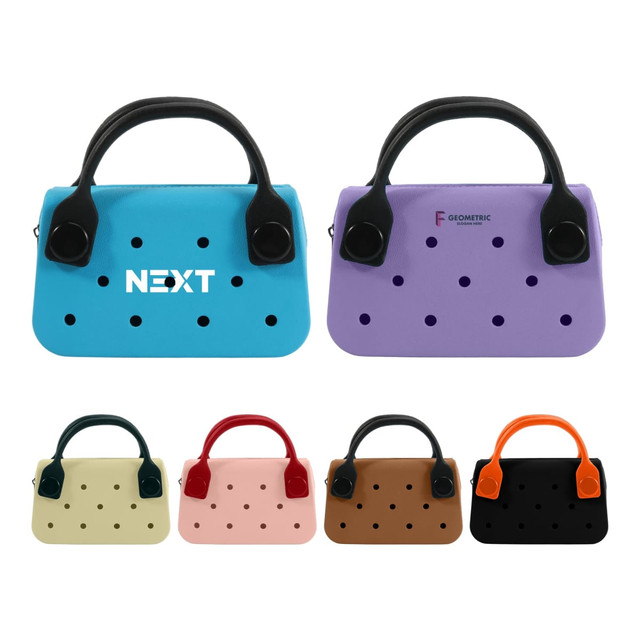 A collection of EVA Holes Mini Handbags in blue, purple, beige, pink, brown, and orange, featuring a logo on some.