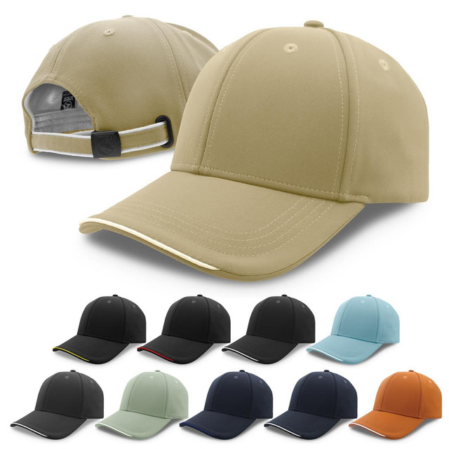 A collection of caps in various colours, including beige, black, light blue, and orange, featuring a logo.
