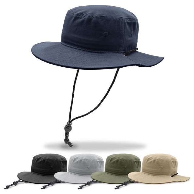 A bucket hat in navy with a drawstring, accompanied by versions in black, grey, olive, and sand.