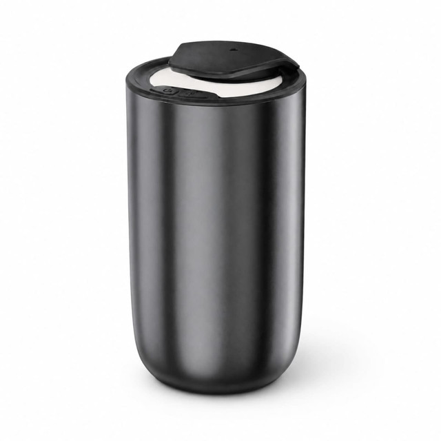 A sleek black diffuser with a lid, featuring a simple design and a logo on the side.