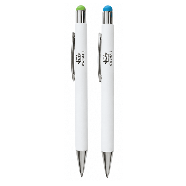 A set of two Vitra Pens featuring white bodies, one with a green tip and the other with a blue tip.