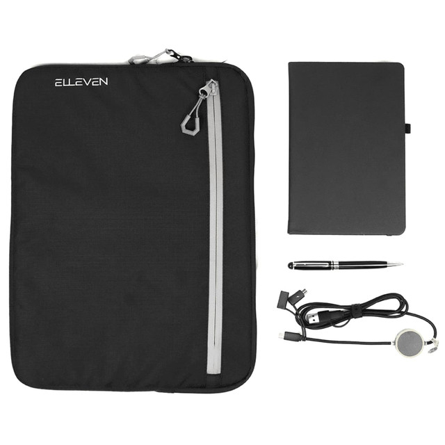 A black zippered pouch, a black notebook, a silver pen, and a charging cable with a circular connector. The pouch has a logo.