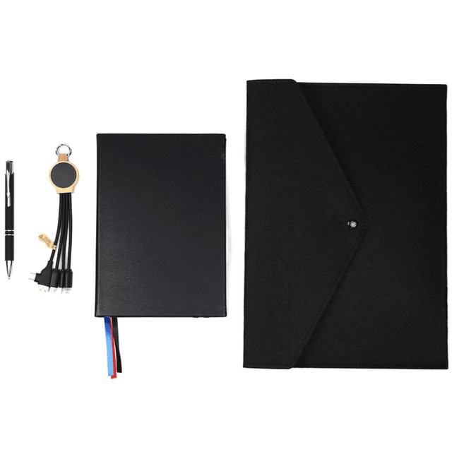 A black folder, notebook, pen, keychain, and USB cables in a promotional product layout.