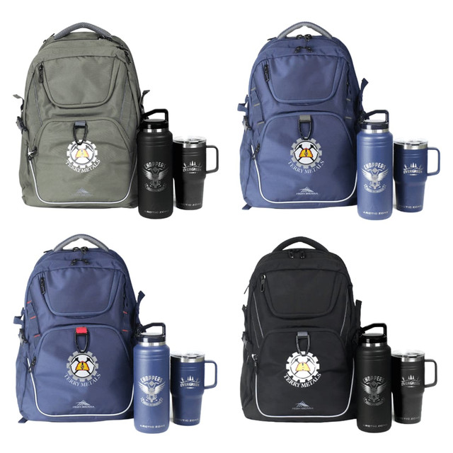 A range of backpacks in grey, navy, and black, accompanied by drink bottles and mugs, with branding on the items.